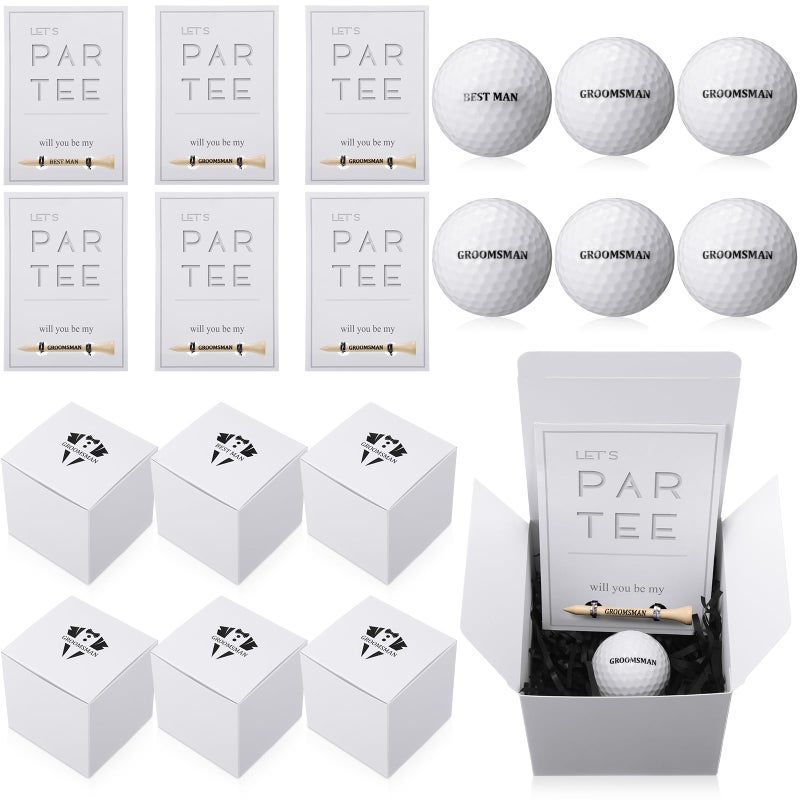 WinnerWhy 6 Sets Groomsman Proposal Gift Box With Golf Ball Bamboo Tees Invitation Cards Accessories for Wedding Best Men DIY Black White